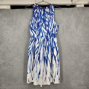 MILLY Womens Blue White Abstract‎ Print Sleeveless V Neck Fit Flare Dress Size 4
